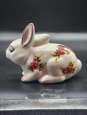 Vintage Andrea By Sadek Hand-Painted Floral Ceramic Bunny Coin Bank